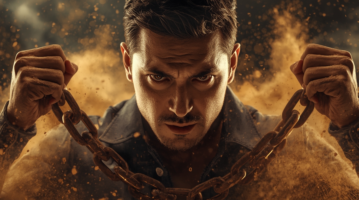 A person breaking free from heavy chains that dissolve into dust representing the destruction of excuses cinematic contrast realistic particles powerful composition 8K no